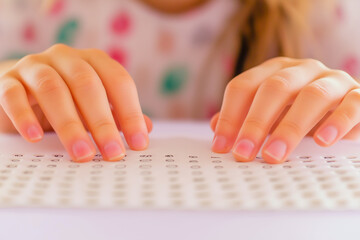 Hand of a blind person reading some braille text touching the relief. World Braille Day