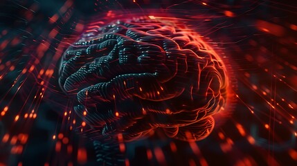  An image of a human brain with digital waves and abstract retro patterns.