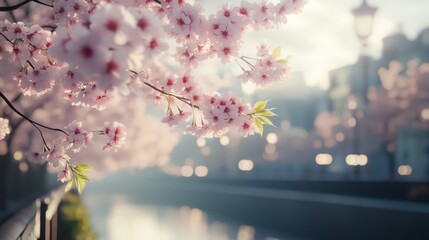 Fototapeta premium An avenue of Japanese cherry trees in pink and white blossom, in the blurred background.