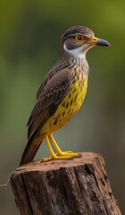 The bird's tail stands on a piece of wood