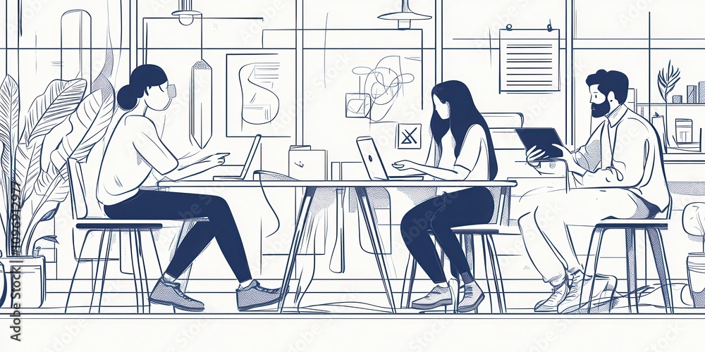 Poster a minimalist illustration of three individuals collaborating at a table in a modern workspace, using