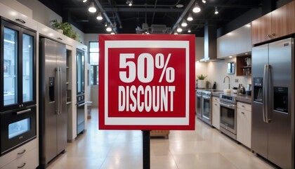 50% discount sign in modern appliance store.  
