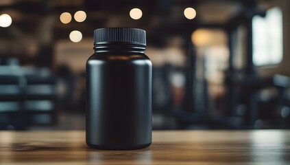 Black supplement bottle on a wooden table in a gym background, a mockup with copy space for product display presentation concept. 