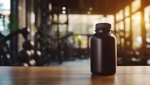 Black supplement bottle on a wooden table in a gym background, a mockup with copy space for product display presentation concept. 