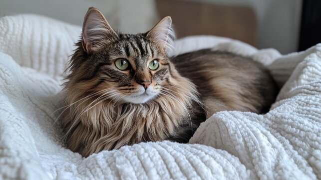 Majestic Maine Coon Cat Resting on a Cozy White Blanket