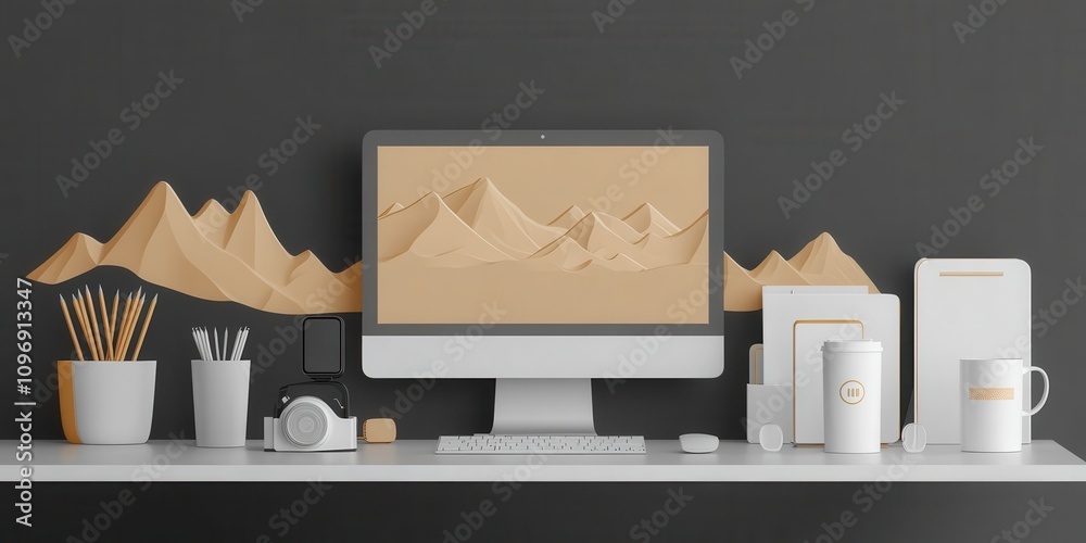 Poster a modern workspace featuring a computer, stationery, and a minimalist mountain backdrop, creating a 