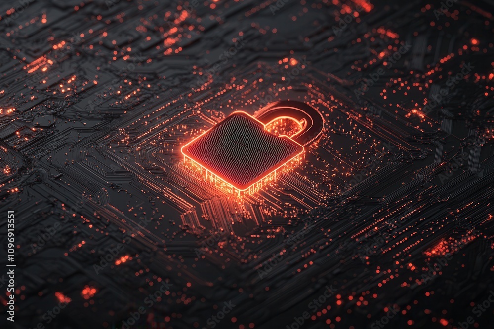 Poster A glowing padlock symbol surrounded by intricate circuitry, representing data security and digital protection in a technological landscape.
