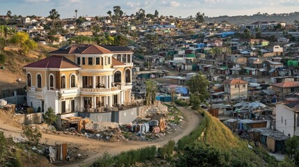 Fototapeta premium Urban Contrast: A Luxurious Mansion Overlooking a Vast Informal Settlement, Showcasing Social Disparity and Architectural Diversity in an African Landscape