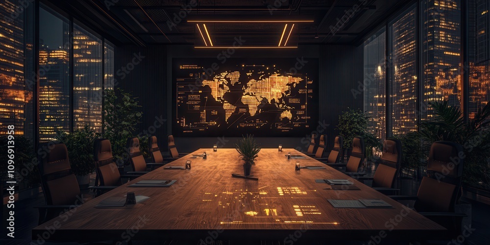 Aufkleber A modern conference room with a large table, illuminated by ambient lighting, featuring a world map display and city skyline views through large windows.