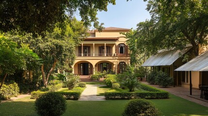 Obraz premium Elegant Colonial Style House Surrounded by Lush Greenery in a Tranquil Garden Setting with Well-Maintained Lawn and Beautiful Architecture