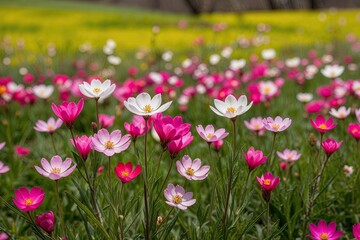 Vibrant Blossoms in a Sunlit Spring Meadow Landscape
