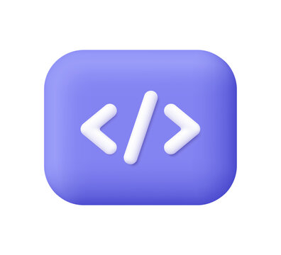 Programming code on button. Python or Java Api symbols. Programming, coding and web development concept. 3d vector icon. Cartoon minimal style.
