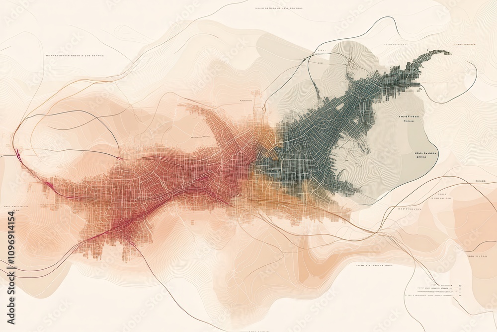 Poster a colorful, abstract map depicting urban areas, showcasing density and distribution through varying 