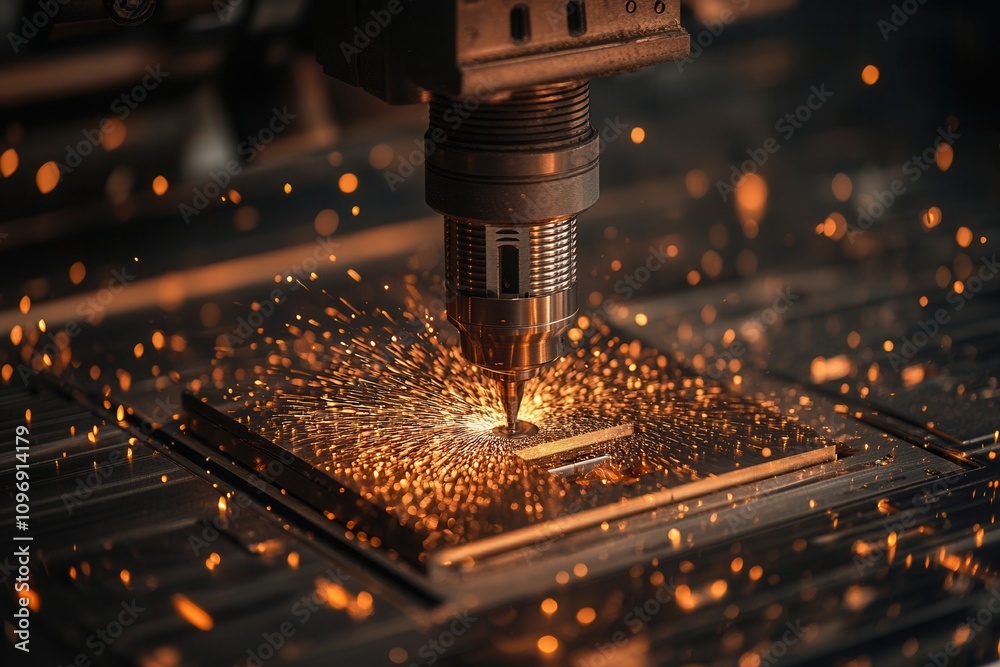 Aufkleber a precision machine tool cuts through metal, creating sparks and showcasing advanced technology in m