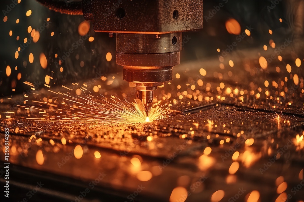 Poster a laser cutting machine emits sparks while processing metal, showcasing precision and technological 