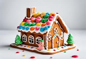 Gingerbread house-shaped cookie featuring intricate frosting details, perfect for holiday treats, Christmas gifts, baking decor, and festive celebrations.