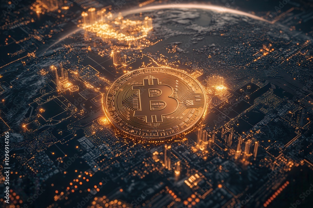 Poster a visually stunning depiction of a bitcoin symbol floating above a glowing cityscape, representing t