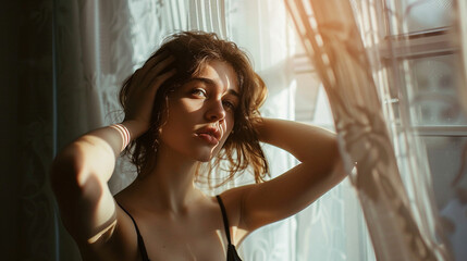Fototapeta premium Artistic Portrait of a Young Woman in Soft Window Light