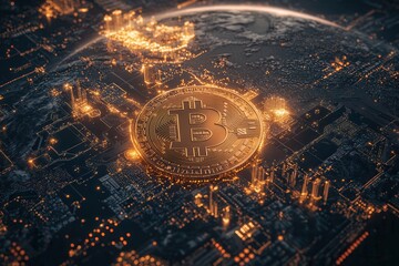 A visually stunning depiction of a Bitcoin symbol floating above a glowing cityscape, representing the intersection of cryptocurrency and technology.
