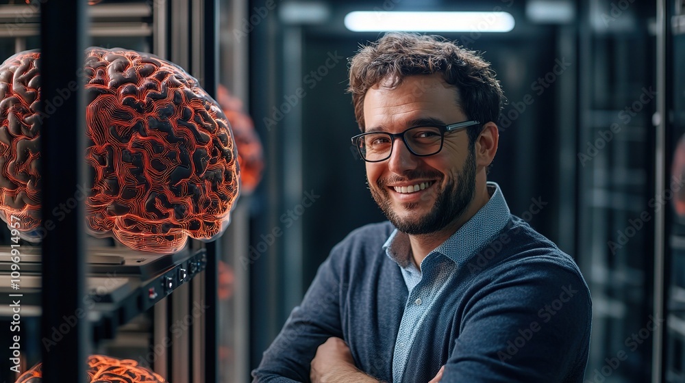 Poster smiling engineer in data center using artificial intelligence technology