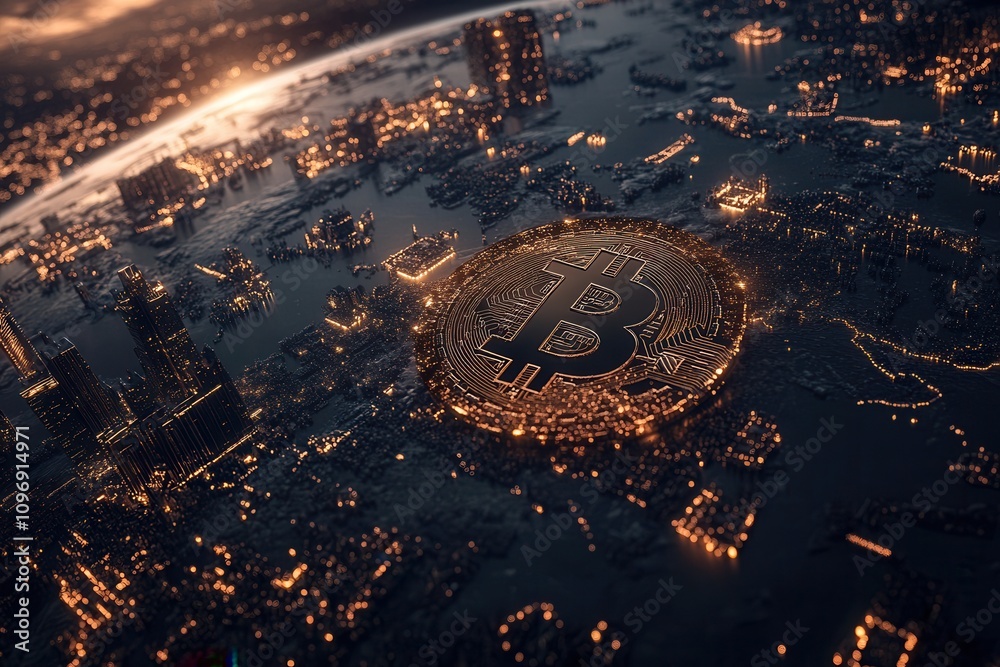 Poster a futuristic cityscape illuminated with glowing bitcoin symbols, showcasing a blend of technology an