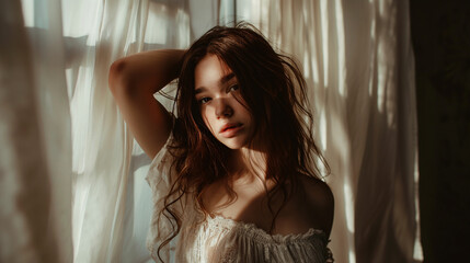 Fototapeta premium Artistic Portrait of a Young Woman in Soft Window Light