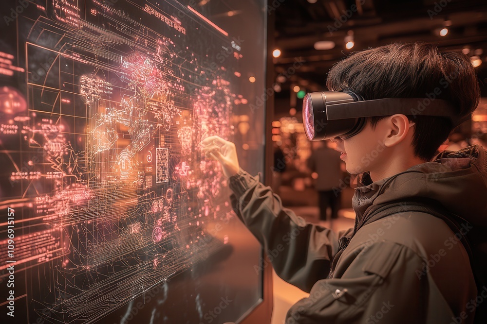 Poster A person interacts with a virtual display using VR goggles, exploring digital data visuals in a tech-driven environment.