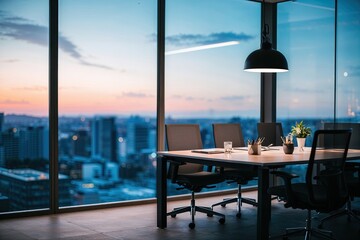 Fototapeta premium Blurred Evening Office Workspace for Business Presentation with Cityscape Background