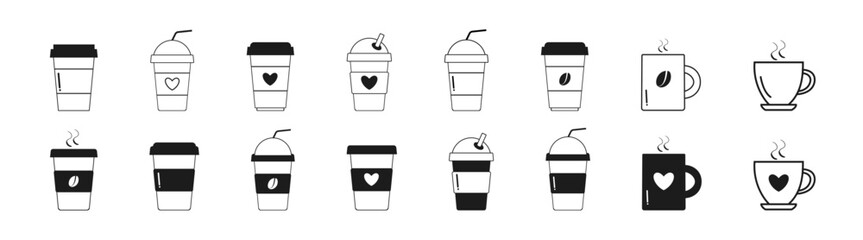 Coffee cup icon vector set. Various cups of coffee. Coffee paper cup, plastic container for hot and cold drink, juice, tea.