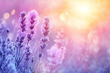 Obraz premium Beautiful Winter Nature Background with Frozen Flowers and Grass in the Meadow at Sunrise. AI generated illustration