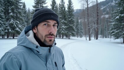 Young man in winter clothing looking contemplative in a snowy forest landscape