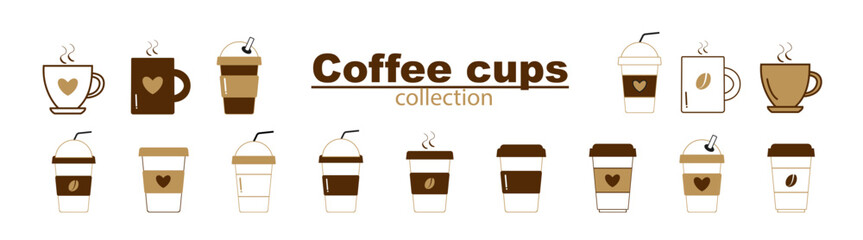 Coffee cup icons vector set in line and flat style. Cappuccino, flat white, espresso, americano vector illustrations set