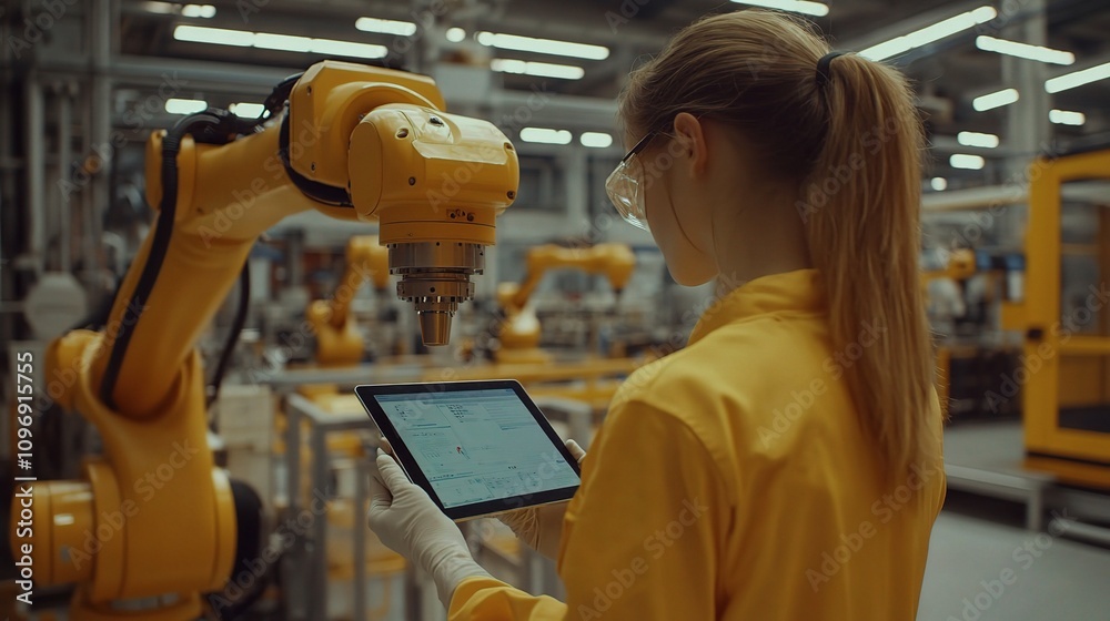 Poster female engineer programming robotic arm in modern automation setting