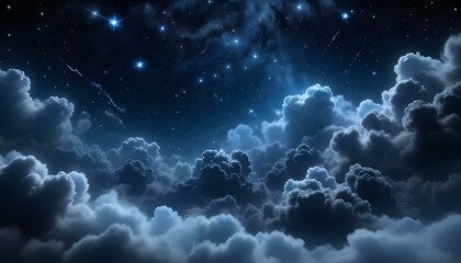 Fototapeta premium Cielo Nocturno con Nubes y Brillos Un diseño en tonos oscuros de azul y negro con efectos de nubes suaves y destellos de luz que simulan estrellas. Perfecto para un fondo misterioso y calmado, ideal 