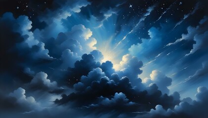 Cielo Nocturno con Nubes y Brillos Un diseño en tonos oscuros de azul y negro con efectos de nubes suaves y destellos de luz que simulan estrellas. Perfecto para un fondo misterioso y calmado, ideal 