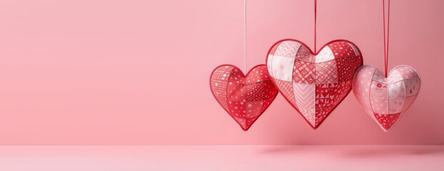 Three hearts of different sizes handmade in romantic petchwork style on pink background. Valentine's Day or Mother's Day concept. Copy space