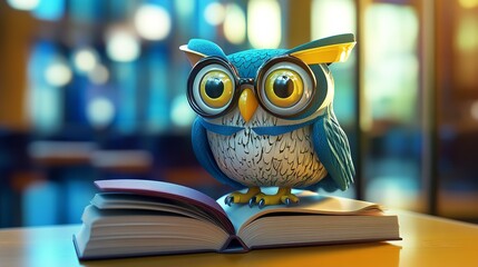 Adorable cartoon owl with graduation cap, sitting on books, turquoise background, knowledge theme