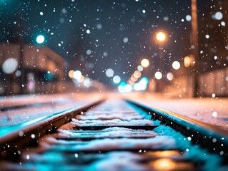 Beautiful Snowfall at the Train Station, Snowflakes on Railroad Tracks. AI generated illustration