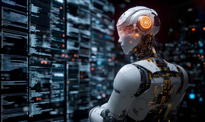 Naklejka premium A futuristic robot with glowing circuitry on its head stands in front of rows of digital screens displaying data and code, symbolizing the advanced technology behind AI innovation. 