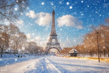 Eiffel Tower in Paris Covered in Snow. AI generated illustration
