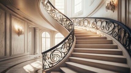 a grand spiral staircase in a luxurious mansion, intricate railing details, marble steps