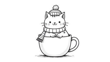 Children’s cute animal card. Coloring book, linear drawing. A cute kitten in a hat and scarf is sitting in a cup. White background