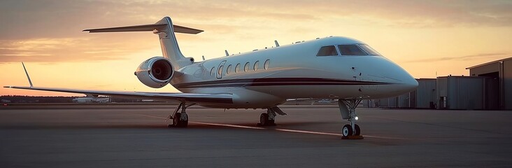 Photograph of a carpeted, white private jet parked on the tarmac at dawn.