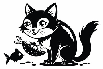 black and white the cat is eating fish  