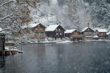 Fototapeta premium Hallstatt Winter Landscape with Lake and Wooden Houses in Snow. AI generated illustration
