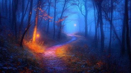 Obraz premium The once familiar path through the woods now seemed like a secret mystical trail as the enchanted twilight mist enveloped everything in its embrace. Mystic Twilight Path. Illustration