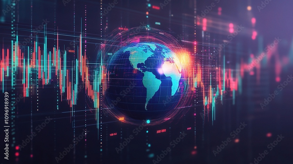 Wall mural Global Economics Concept with Vibrant Earth and Data Visualizations