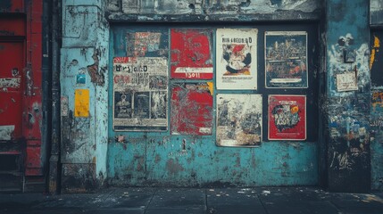 Posters, weathered, on walls outside a concert venue. cinematic. high-definition imagery. Low-Fi photography.