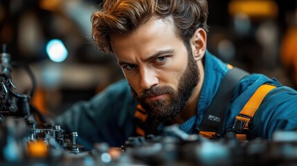 Obraz premium Focused Mechanic: Intense Portrait of a Skilled Worker Examining Engine Components