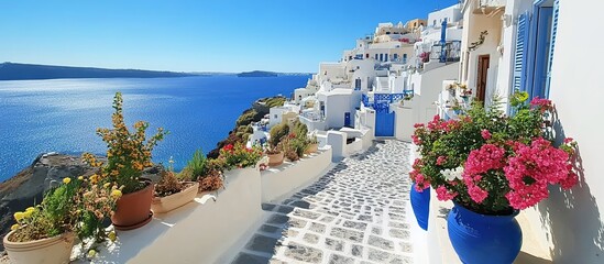 Beautiful view of Santorini, Greece, with white buildings and blue domes overlooking the sea.